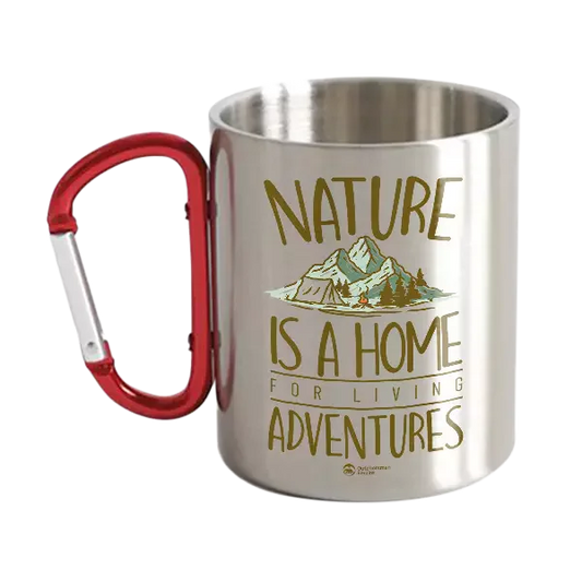 Durable 12oz stainless steel wall carabiner mug, perfect for outdoor adventures and daily use with easy clip on design