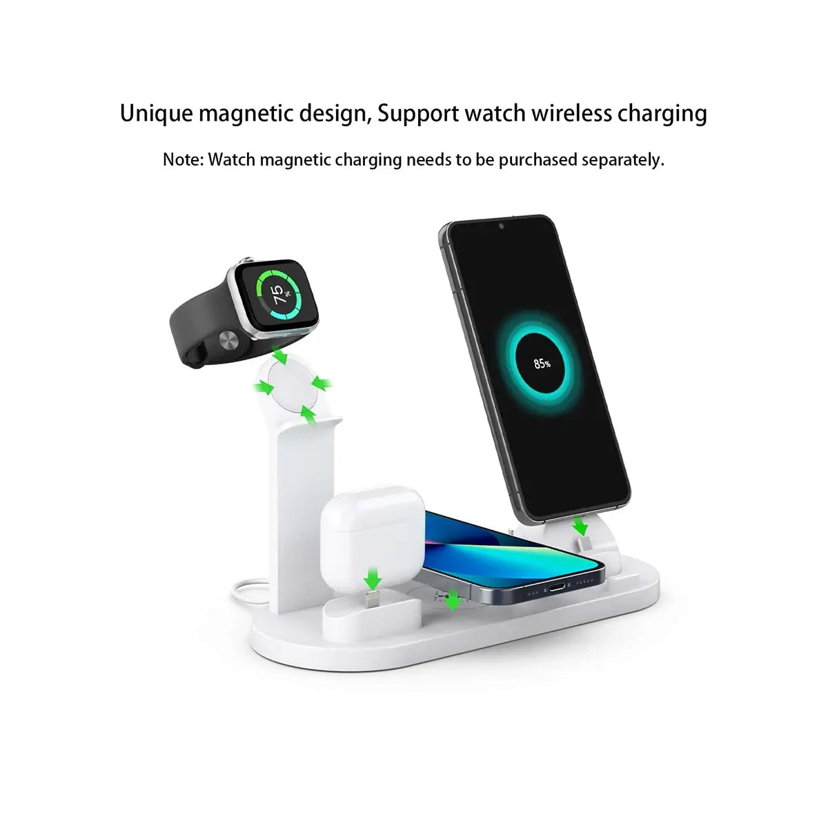 Multi-device charging dock for Apple Watch, iPhone, and Air Pods