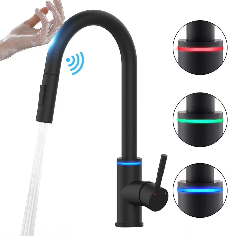 Sleek touch-sensitive kitchen faucet, ideal for clean and hygienic use while cooking